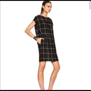 Vince. Silk midi dress. Black with white window pane pattern.